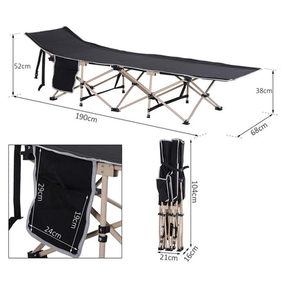 Outsunny Single Person Camping Folding Cot Outdoor Patio Portable Military Sleeping Bed Travel Guest Leisure Fishing with Side Pocket, Black