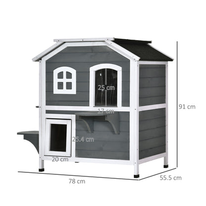 PawHut Solid Wood Cat Condos Pet House Water Proof Outdoor 2-Floor Villa, Grey