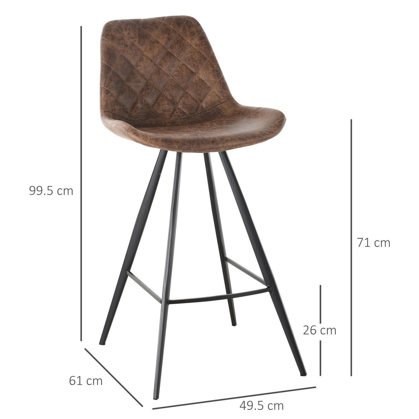 Retro Style Set Of 2 Bar Stools Vintage Microfibre Cloth Tub Seats Padded Comfortable Steel Frame Footrest Quilted Home Cafe Kitchen Chair Stylish Brown