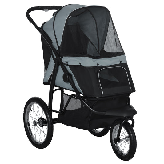 PawHut Pet Stroller Jogger for Medium Small Dogs, Foldable Cat Pram Dog Pushchair with Adjustable Canopy, 3 Big Wheels, Grey