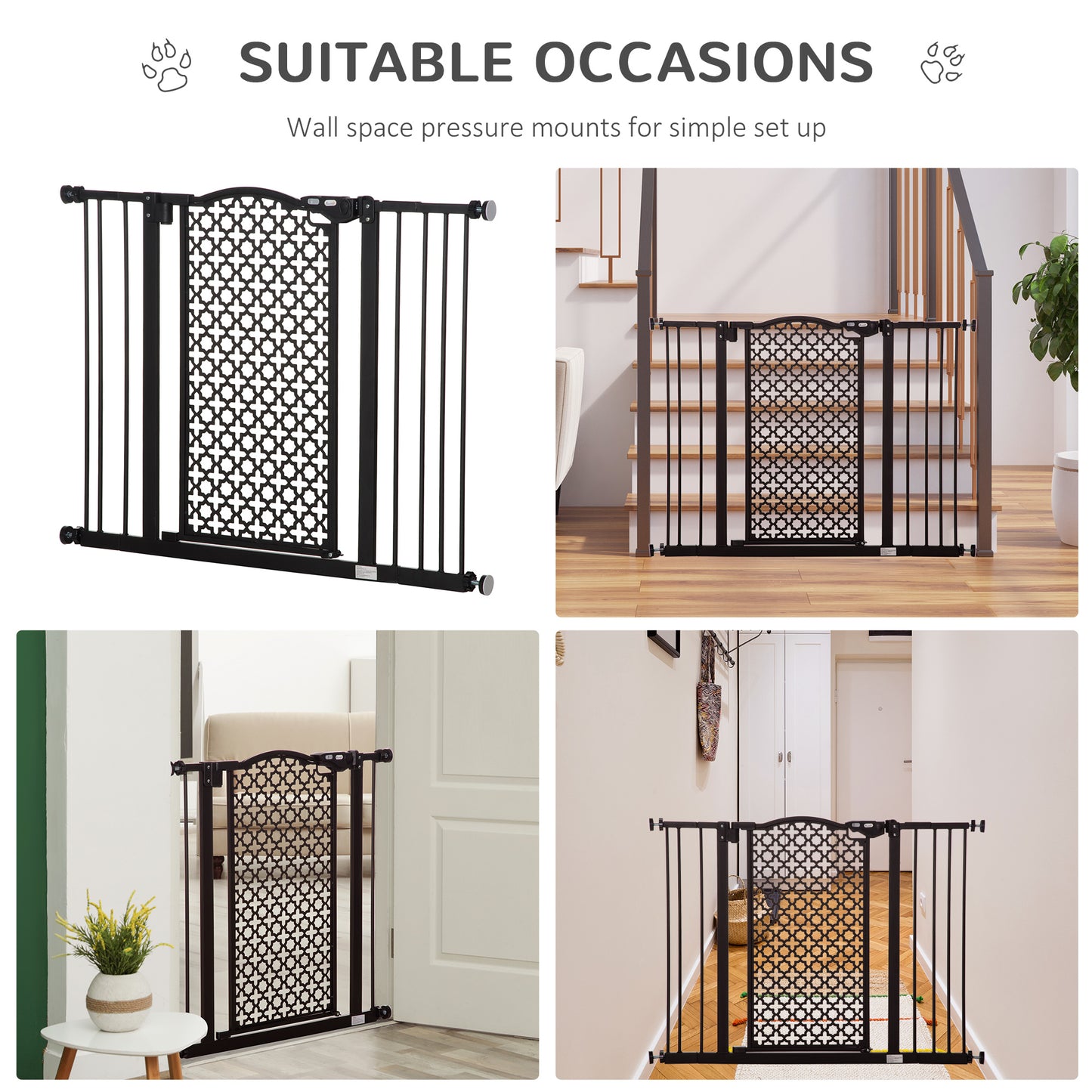 PawHut 74-105 cm Pet Baby Safety Gate Barrier Stair Pressure Fit with Auto Close and Double Locking for Doorways, Hallways, Black