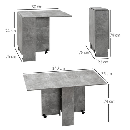 Retro Style Folding Dining Table, Drop Leaf Table for Small Spaces with 2-tier Shelves, Small Kitchen Table with Rolling Casters, Cement Grey