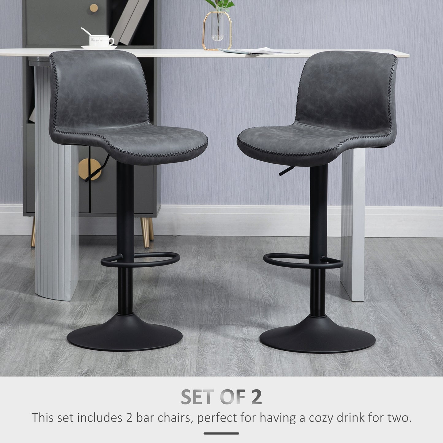 Set of 2 Bar Stool Adjustable Height Swivel Footrest and Base for Breakfast Bar, Kitchen and Home, Dark Grey