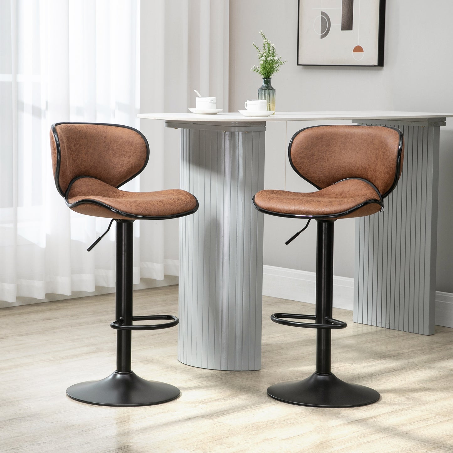 Bar Stool Set of 2 Microfibre Cloth Adjustable Height Armless Chairs with Swivel Seat, Brown