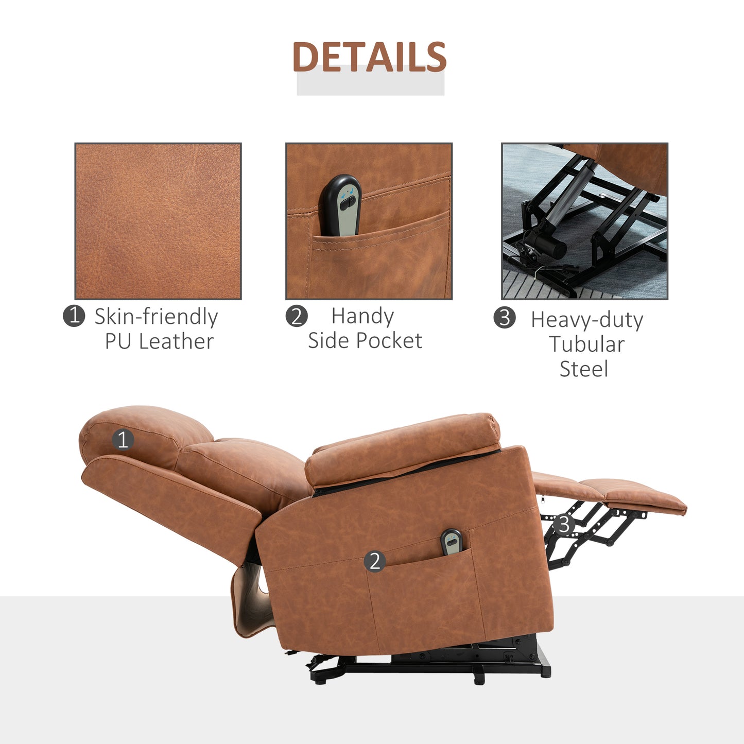 Power Lift Chair Electric Riser Recliner for Elderly, Faux Leather Sofa Lounge Armchair with Remote Control and Side Pocket