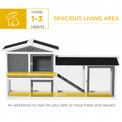 PawHut 2 Tier Wooden Rabbit Hutch, Guinea Pig Cage, Bunny Run, Small Animal House with Run Box, Slide-out Tray, 175.8 x 52 x 85.5cm, White