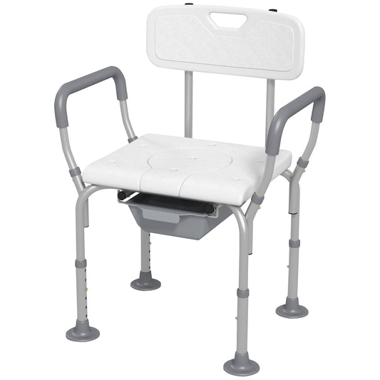 Height Adjustable Shower Stool with Arms and Back, Non-Slip Bedside Commode with Detachable Bucket, White