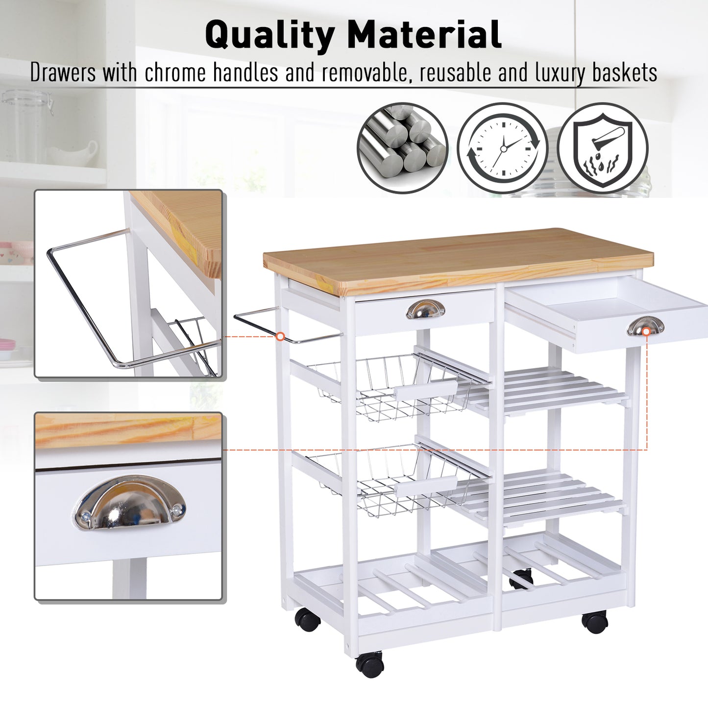 Rolling Kitchen Island Trolley Cart Drawer Shelves Basket Wheels W/  6 Bottle Wine Rack White