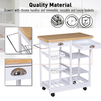 Rolling Kitchen Island Trolley Cart Drawer Shelves Basket Wheels W/  6 Bottle Wine Rack White