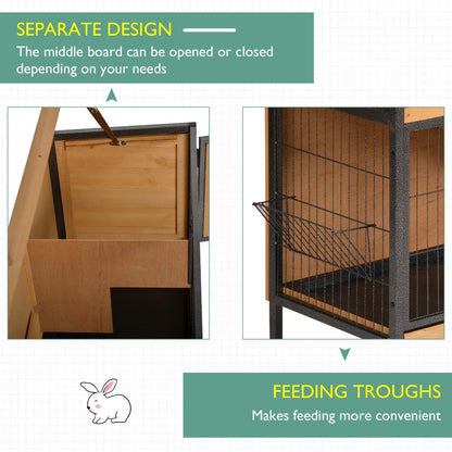 PawHut 2-Floor Wooden Rabbit Hutch Bunny Cage Metal Frame Pet House with Slide-Out Tray Feeding Trough Ramp Lockable Door Openable Roof