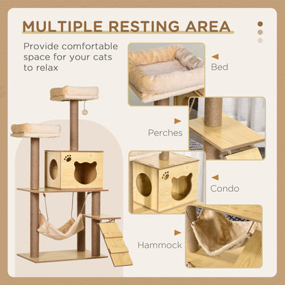 PawHut Cat Tree, 130cm Cat Tree for Indoor, Multi-Level Plush Cat Climbing Tower w/ Scratching Posts, Perches, Cat Condo, Ball for Large Cat, Yellow