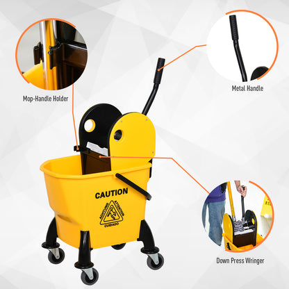 26L Mop Bucket & Water Wringer w/ 4 Wheels Plastic Body Metal Handle Pole Holder Home Commercial Cleaning Floor Cart Yellow