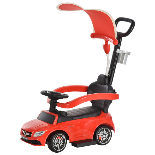 3 in 1 Ride On Push Along Car Mercedes Benz for Toddlers Stroller Sliding Walking Car with Sun Canopy Horn Safety Bar Cup Holder Ride on Toy