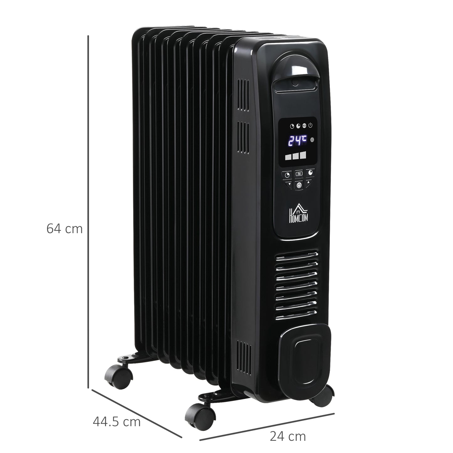 2180W Portable Electric Digital 9 Fin Oil Filled Radiator Heater With LED Display, Remote Control And Safety Cut-Off - Black