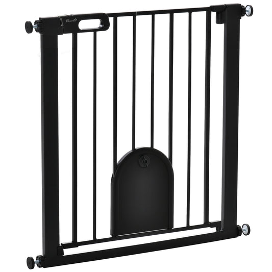 PawHut 75-82 cm Pet Safety Gate Barrier, Stair Pressure Fit, w/ Small Door, Auto Close, Double Locking, for Doorways, Hallways, Black