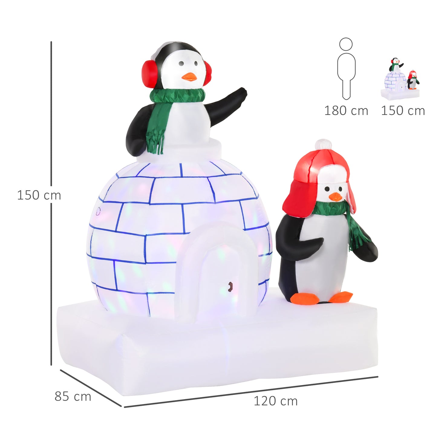 1.5m Christmas Inflatable Two Penguins Wearing a Scarf with Ice House Blow Up Decor Home Indoors with Built-in LED Lights Toys in Lawn Garden