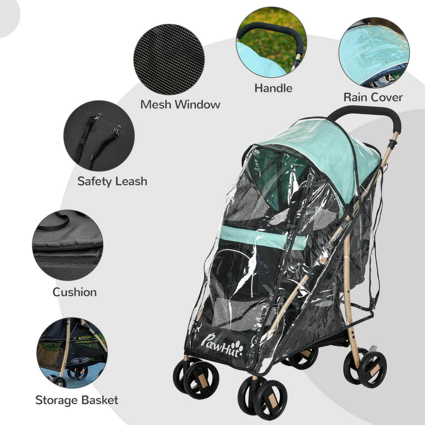 PawHut Oxford Pet Stroller for Small Minature Dogs with Rain Cover Green