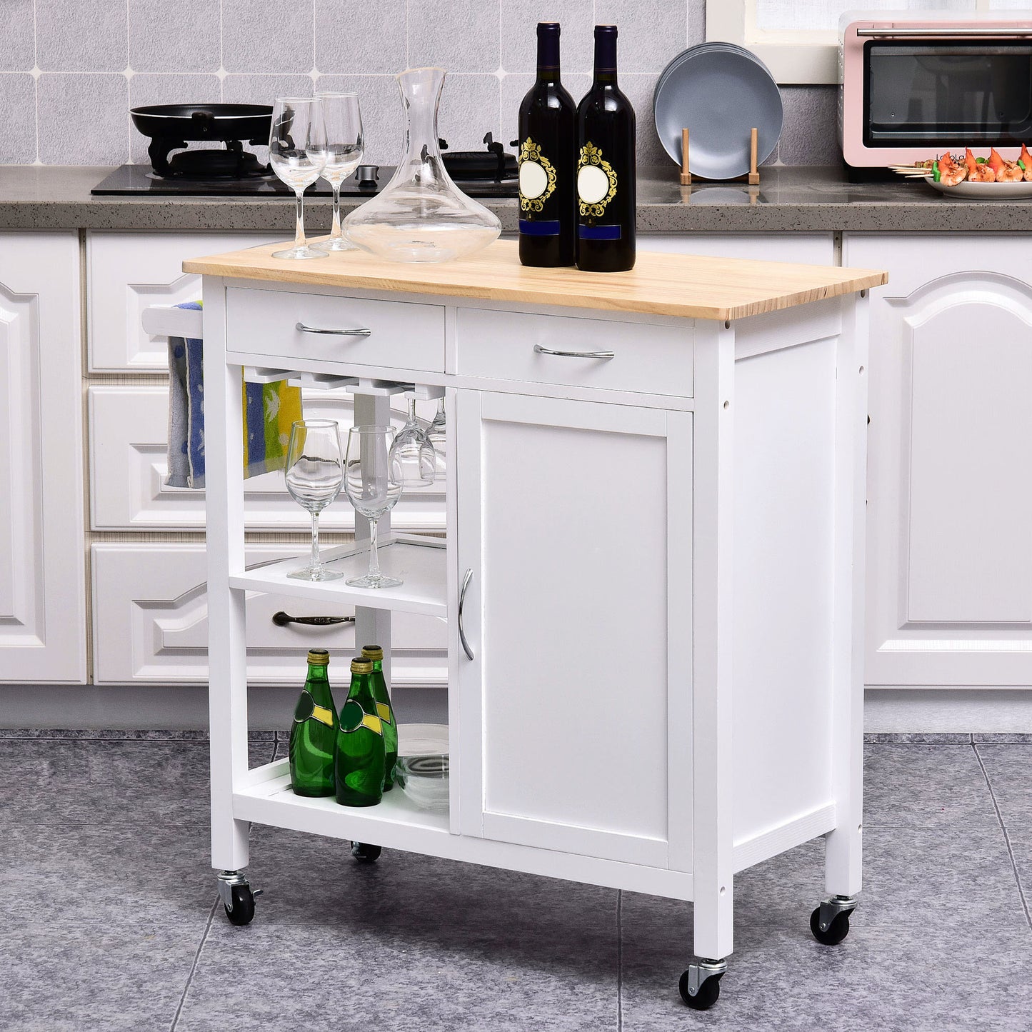 Kitchen Storage Trolley Cart Cupboard Rolling Wheels Shelves Cabinet Island W/ Drawers Towel Rail Wine Glass Rack Pine Wood Worktop  White