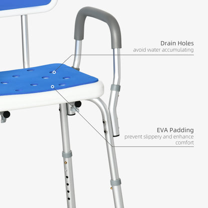 Bathroom Shower Safety Stool Seat EVA Padded, Height Adjustable With Back and Arms, 4 Suction Foot Pads, Blue