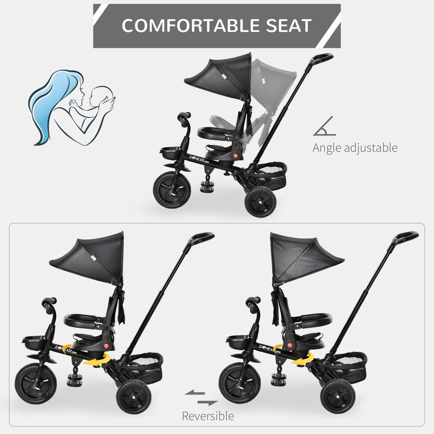 4 in 1 Baby Tricycle Toddler Stroller Foldable Pedal Tricycle w/ Reversible Angle Adjustable Seat Removable for 1-5 Years - Black