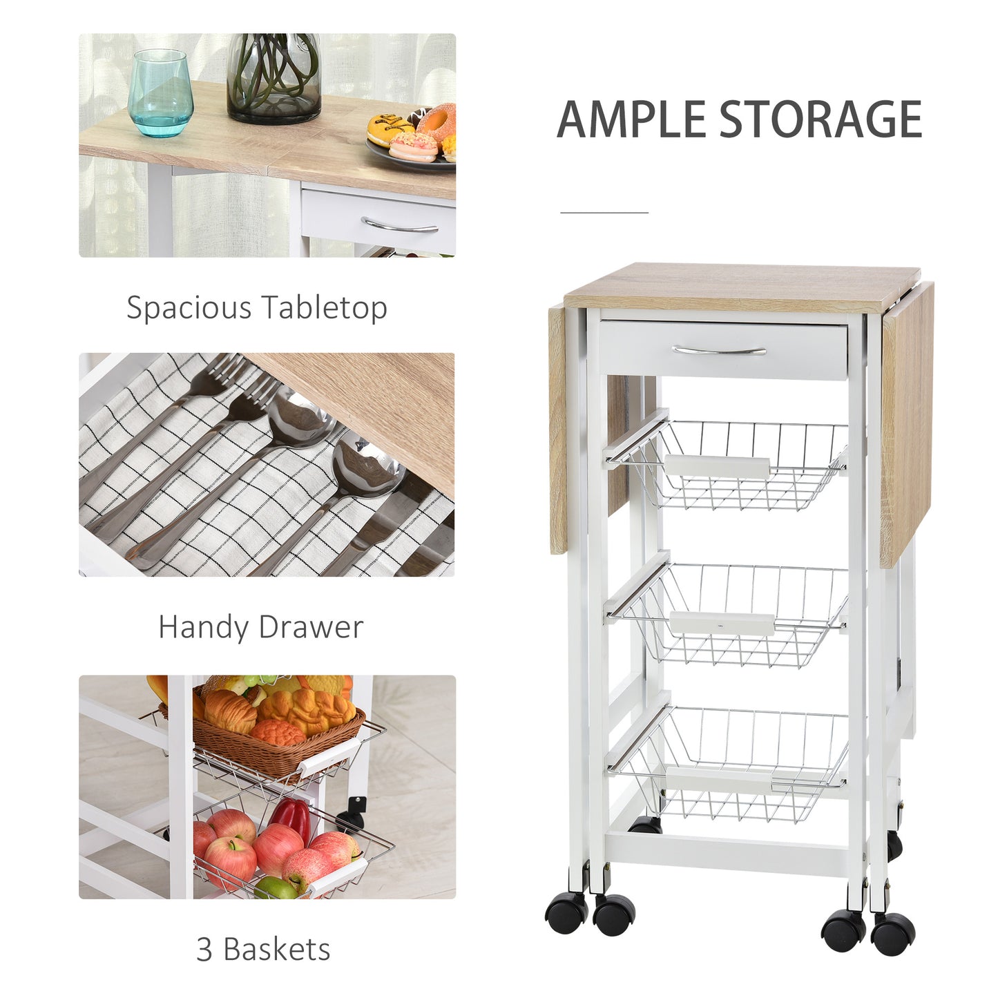 Drop-Leaf Kitchen Trolley w/ 3 Baskets Drawer Surface Top 6 Wheels Rolling Storage Unit Kitchen Home Dining Cart White Oak Tone