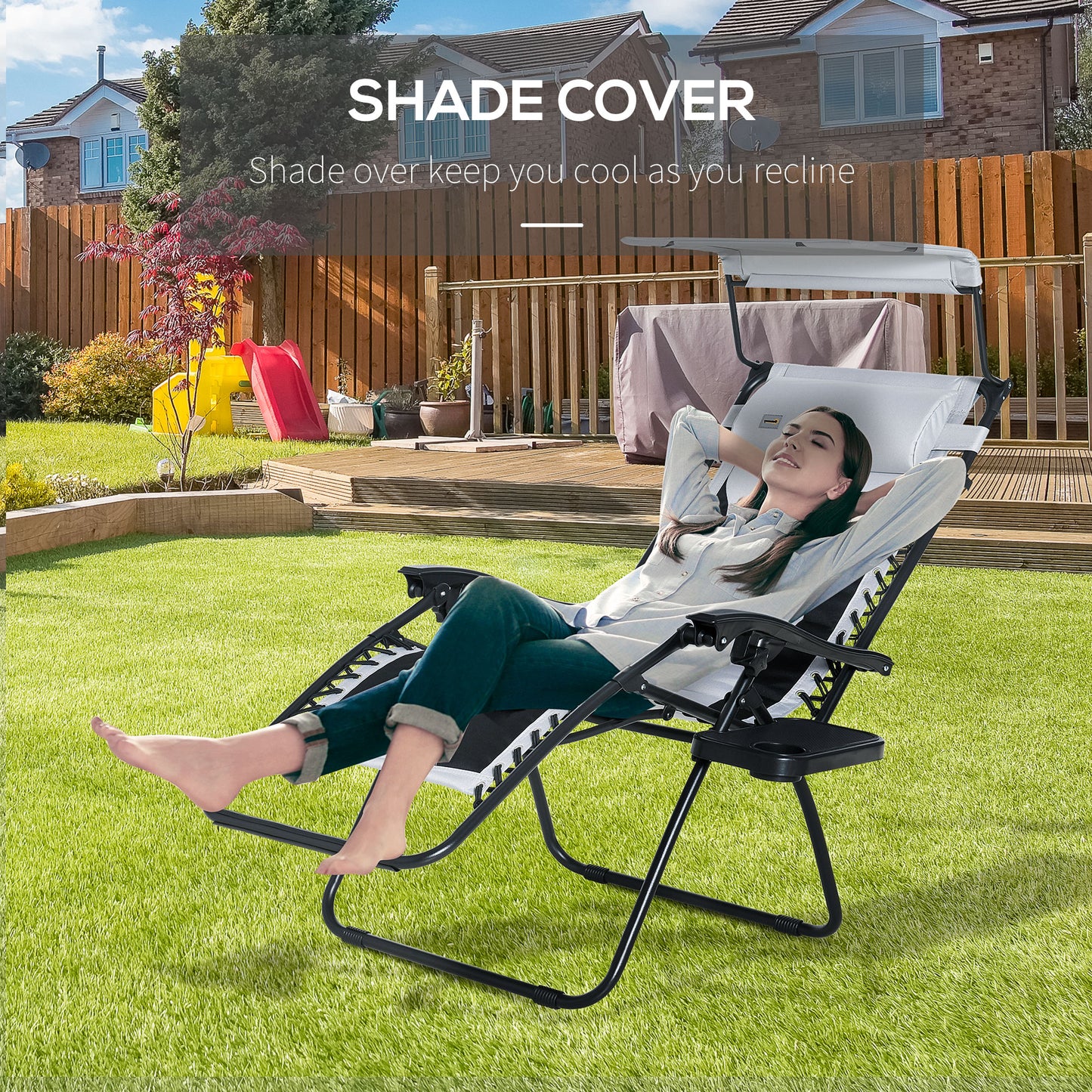 Outsunny Zero Gravity Lounger Chair, Folding Reclining Patio Chair with Shade Cover, Cup Holder and Headrest for Poolside, Camping, Grey