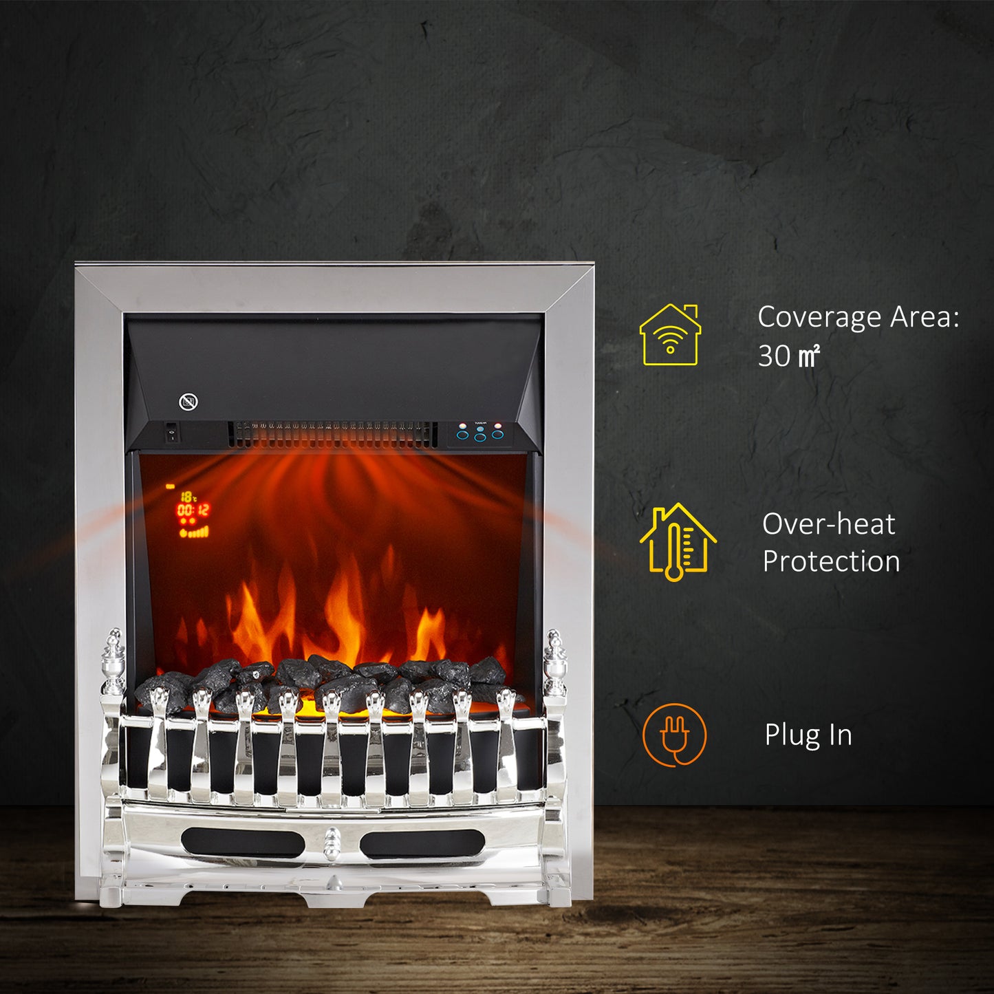 Contemporary Electric Fireplace Coal Burning Flame Effect Inset Fire Place Space Heater Glass View LED Lighting with Remote Control