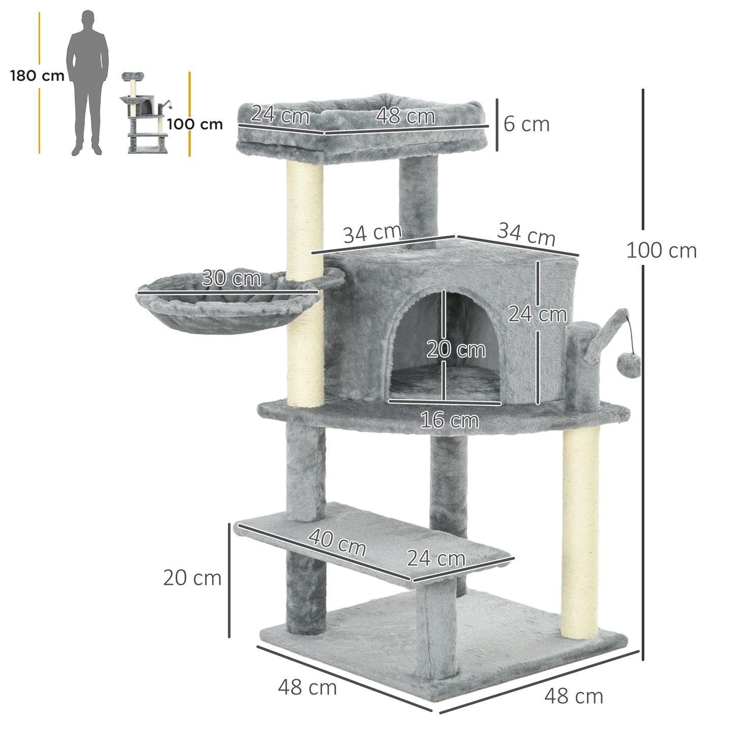 PawHut Sisal 100cm Cat Tree Tower with Sisal Scratching Post Grey