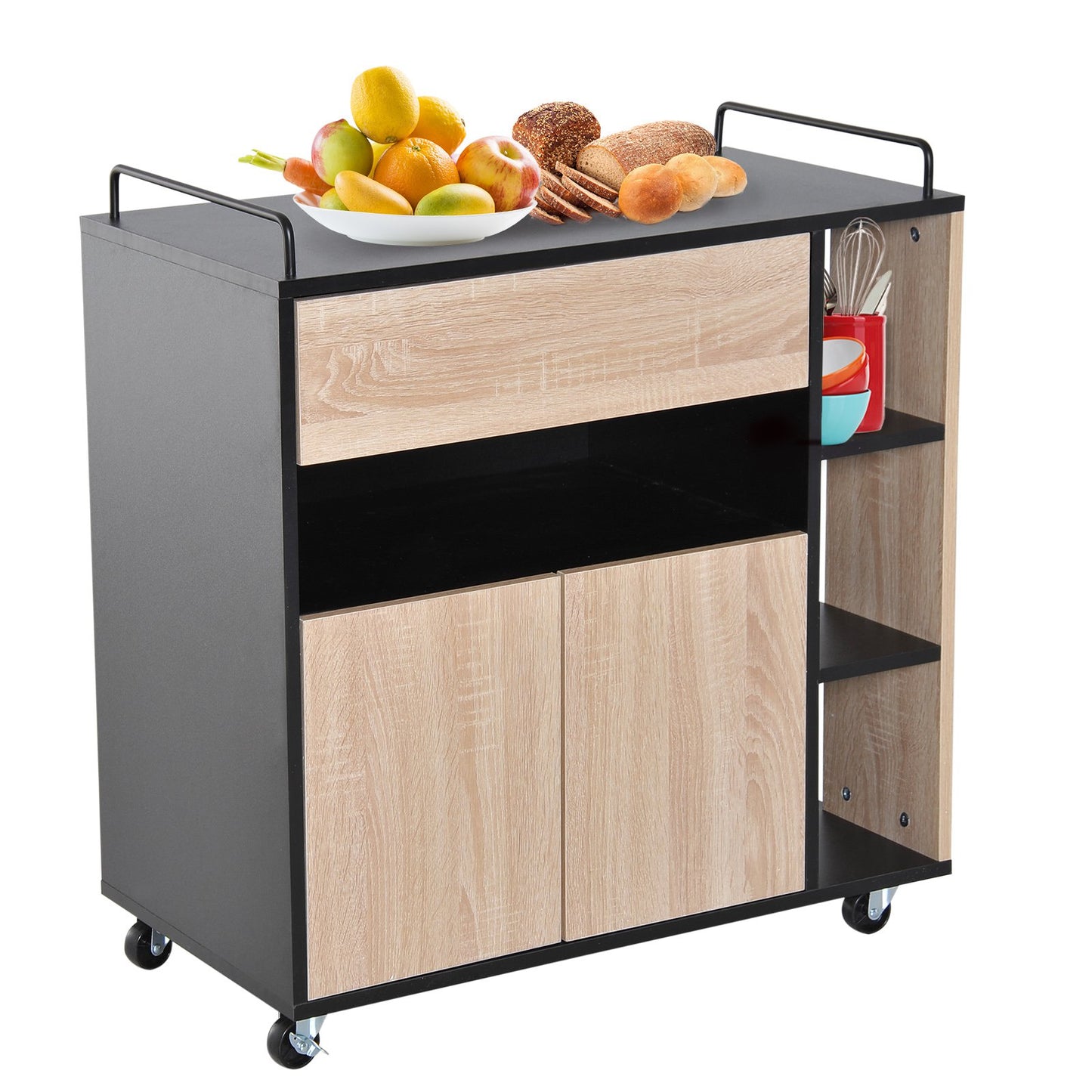 Rolling Kitchen Island, 76.5Wx40Dx82H cm Oak / Black Colour