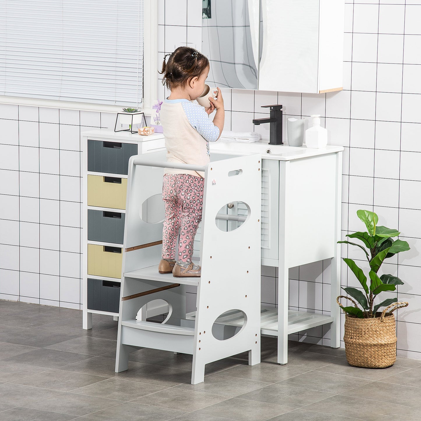 Toddler Step Stool Kids Adjustable Standing Tower with Safety Rail for Kitchen Counter Grey