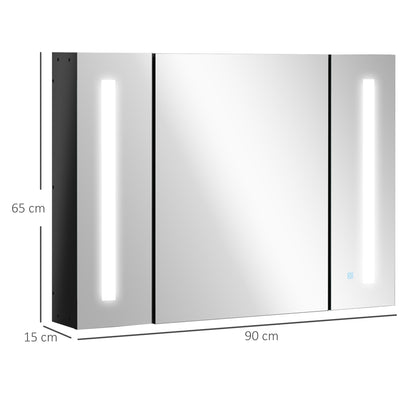 Kleankin LED Bathroom Cabinet with Mirror, Wall Mounted Dimmable Storage Organiser with 3 Mirrored Doors and Adjustable Shelves