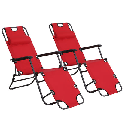 Outsunny 2 Piece Foldable Camping Beach Sun Loungers with Adjustable Back, Outdoor Reclining Garden Chairs with Pillow and Armrests, Red