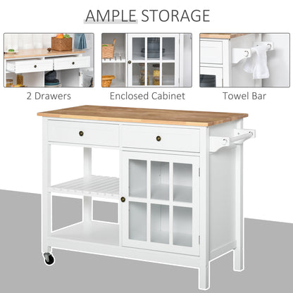 Modern Kitchen Island on Wheels, Kitchen Trolley Storage Cart with 2 Drawers, Cabinet, Towel Rack, Rubber Wood Top for Dining Room, White