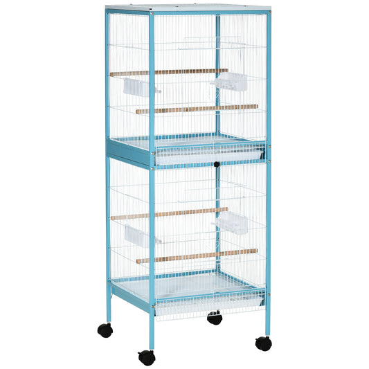 PawHut 2 In 1 Large Bird Cage Aviary for Finch Canaries, Budgies with Wheels, Slide-out Trays, Wood Perch, Food Containers, Light Blue