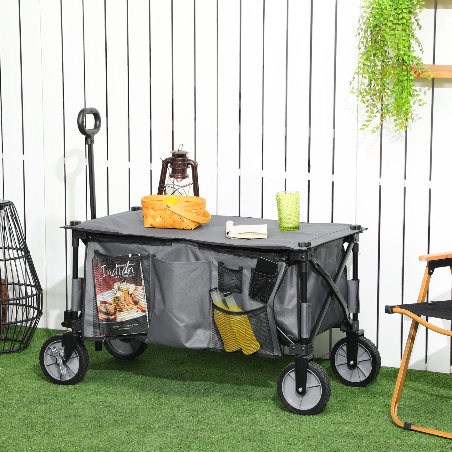 Outsunny Garden Trolley, Cargo Trailer on Wheels, Folding Collapsible Camping Trolley, Outdoor Utility Wagon, Dark Grey