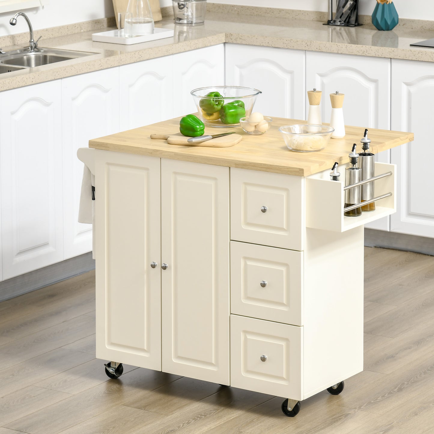 Drop-Leaf Kitchen Island on Wheels Utility Storage Cart with Drawers & Cabinet for Kitchen, Dining & Living Room