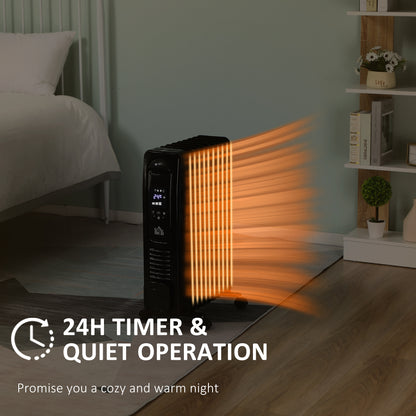 2180W Portable Electric Digital 9 Fin Oil Filled Radiator Heater With LED Display, Remote Control And Safety Cut-Off - Black