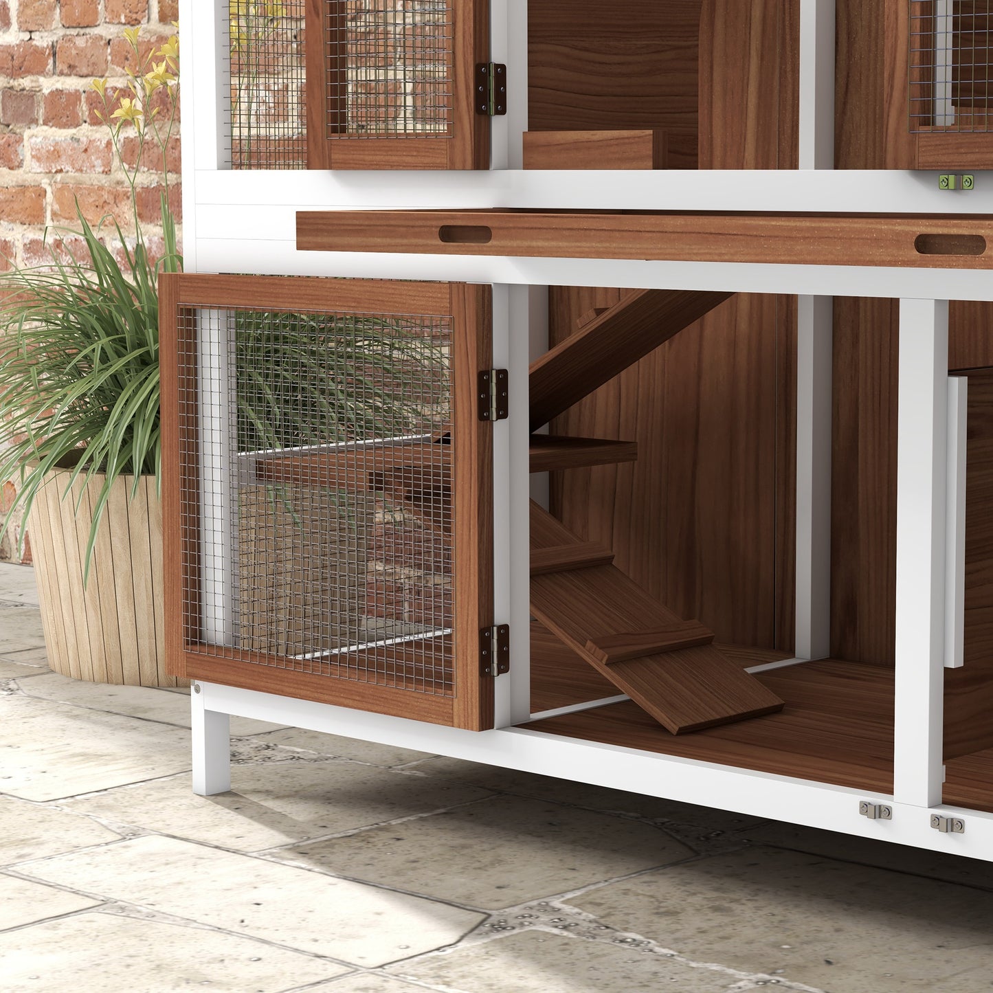 PawHut Two-Tier Wooden Pet Hutch with Openable Roof, Slide-Out Tray