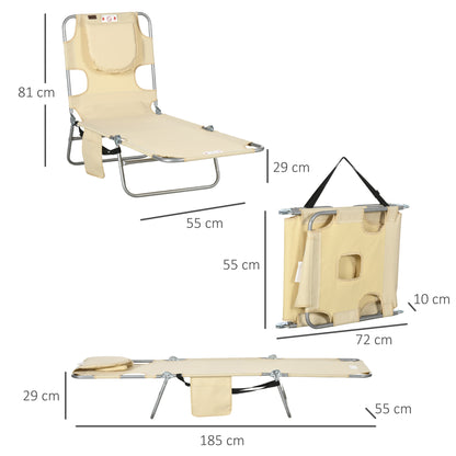 Outsunny Foldable Camping Sun Lounger, Beach Chaise Lounge with Reading Hole, Arm Slots, 5-Position Adjustable Backrest, Side Pocket, Pillow for Patio, Beige