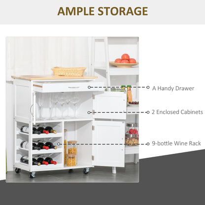 Modern Kitchen Trolley, Rolling Island Storage Cart with Drawer, 9-bottle Wine Rack, Door Cabinets, Wooden Countertop, White