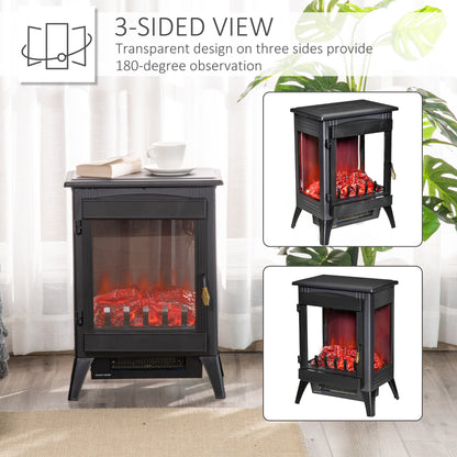 Free standing Electric Fireplace Stove Heater With LED Flame Effect, 3-sided Tempered Glass, Overheat Protection, 1000W/2000W, Black