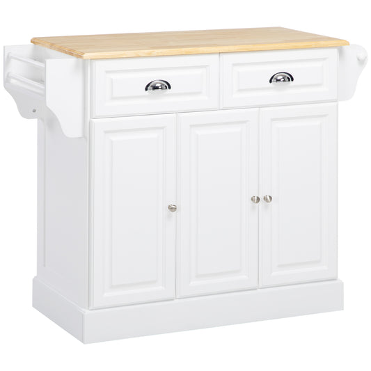 Kitchen Island with Storage Rolling Kitchen Serving Cart with Rubber Wood Top Towel Rack Storage Drawer Cabinet White