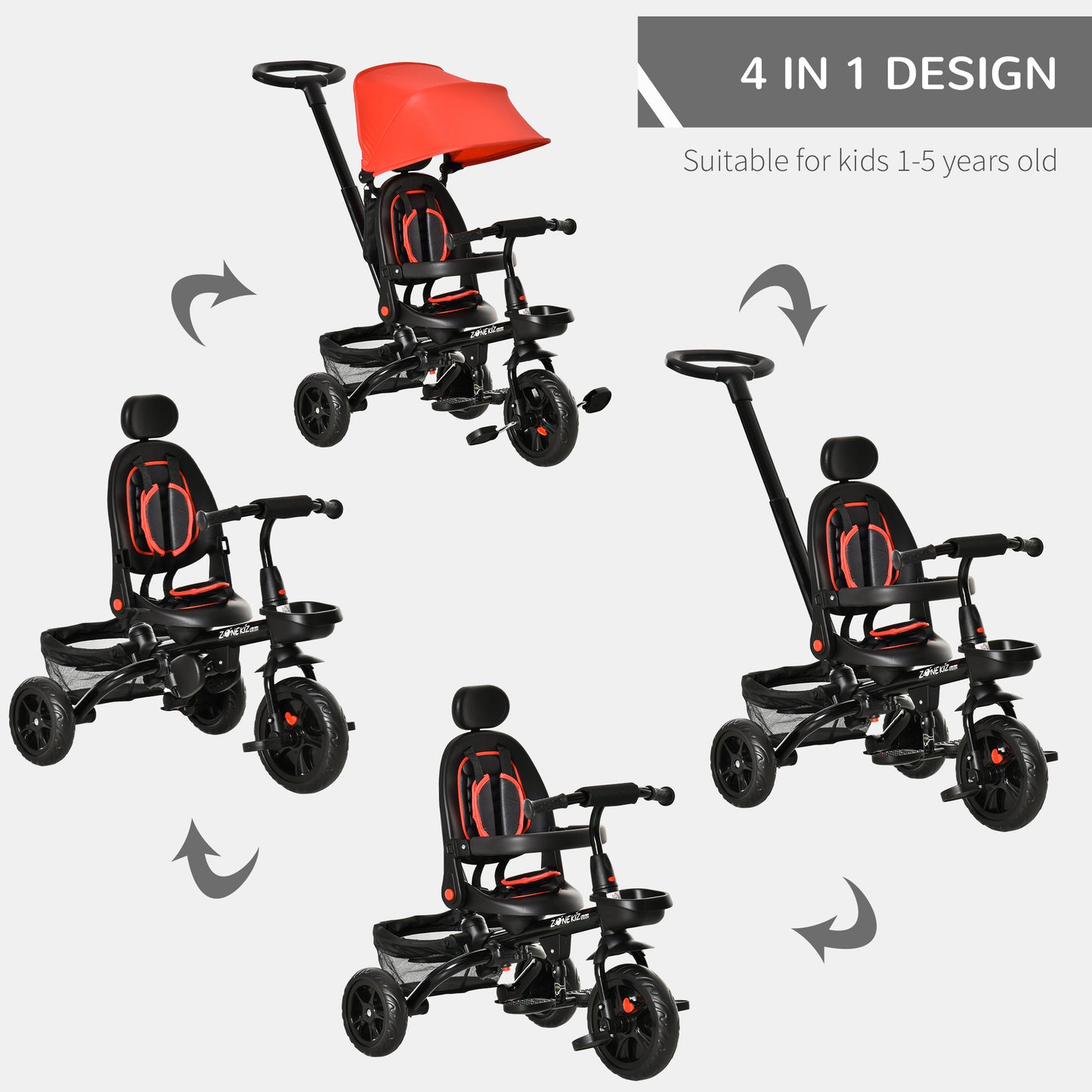 4 in 1 Tricycle 3 Wheels Pushchair Toddler Stroller Foldable Pedal Trike w/ Reversible Angle Adjustable Seat for 1-5 Years, Red