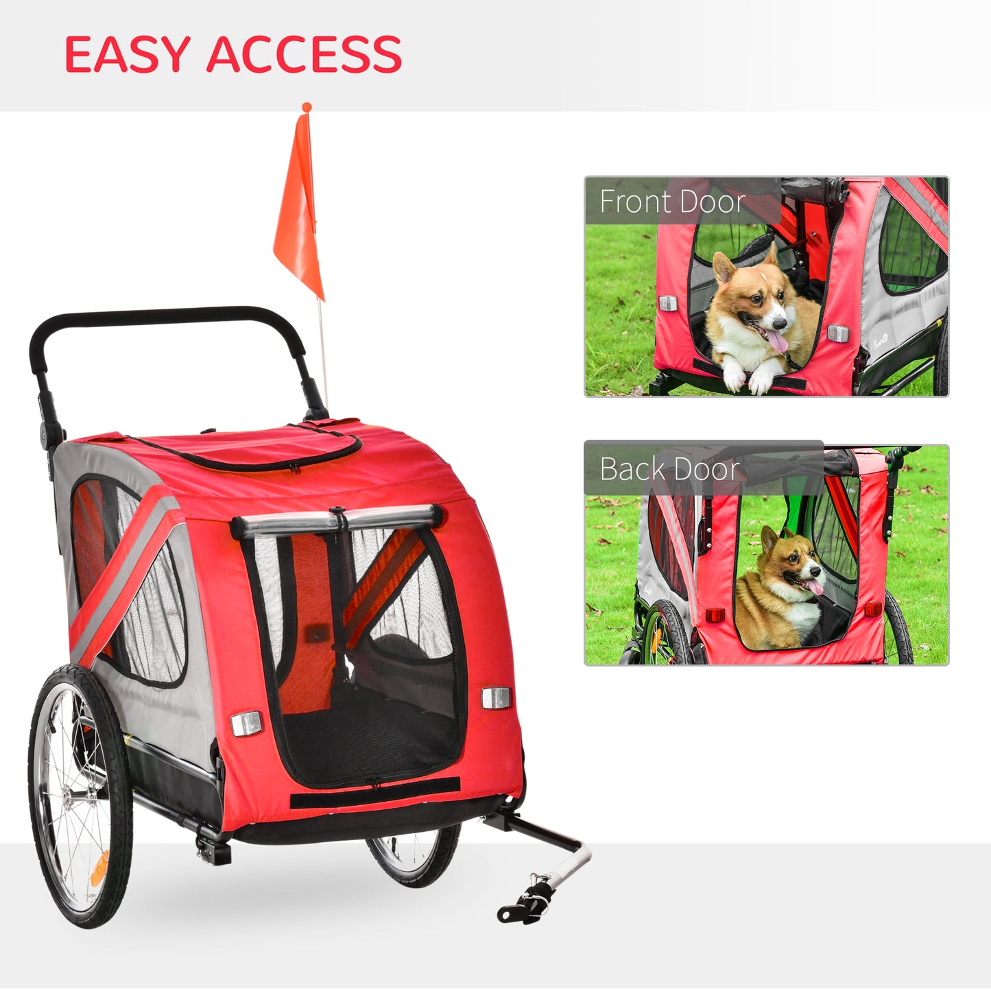 PawHut Dog Bike Trailer 2-in-1 Pet Stroller Cart Bicycle Carrier Attachment for Travel in steel frame with Universal Wheel Reflectors Flag Red