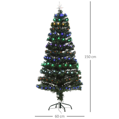 5ft Pre-Lit Fibre Optic Christmas Tree With Star Tree Topper, Solid Metal Base, 170 Branch Tips, 6 Colour LED Lights Home Decoration - Green