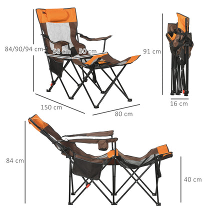 Outsunny Foldable Reclining Garden Chairs with Footrest and Adjustable Backrest, Portable Camping Chair with Headrest, Cup Holder, Side Pocket Black