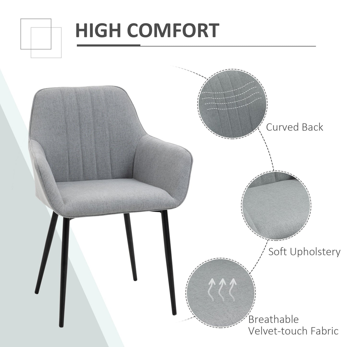 Dining Chairs Upholstered Linen Fabric Accent Chairs with Metal Legs, Set of 2, Light Grey