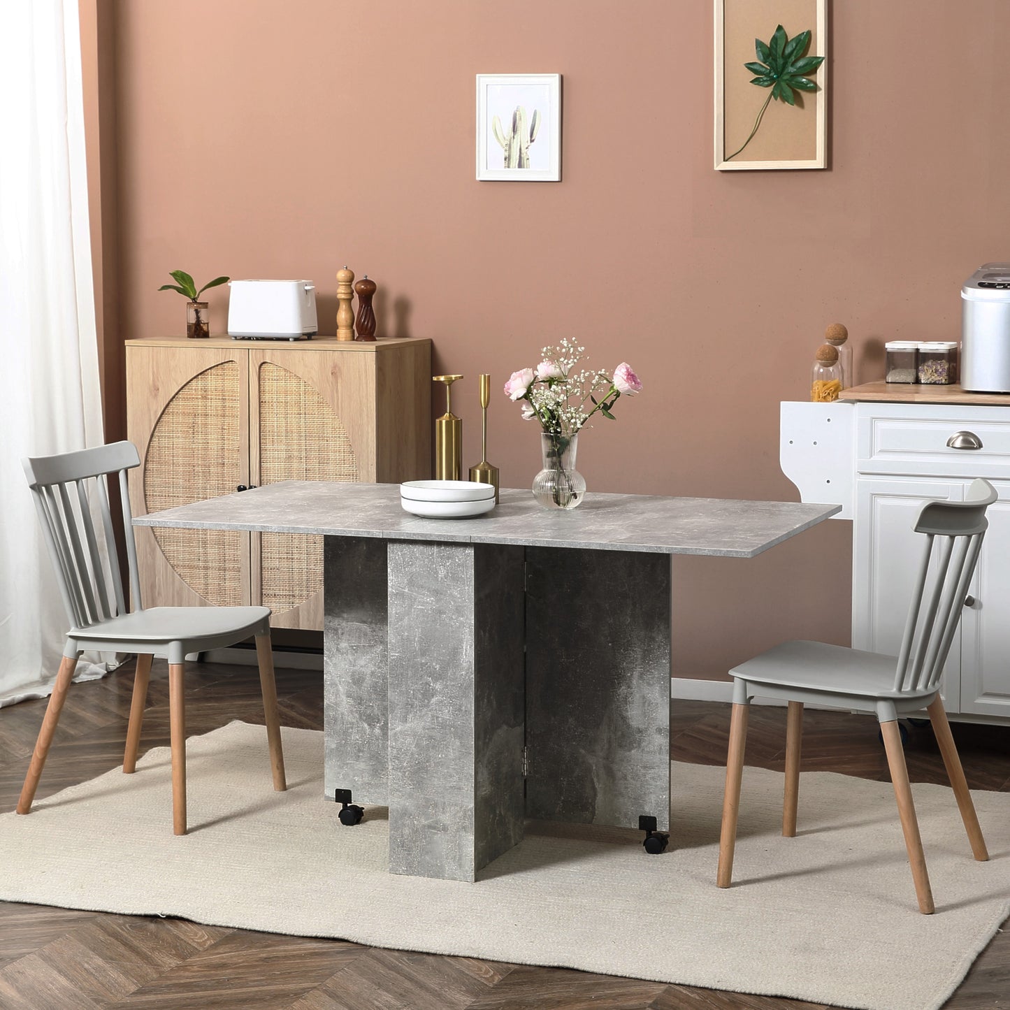 Retro Style Folding Dining Table, Drop Leaf Table for Small Spaces with 2-tier Shelves, Small Kitchen Table with Rolling Casters, Cement Grey