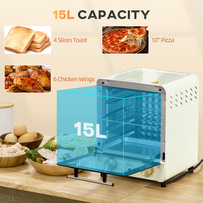 Retro Style Convection Mini Oven, 15L Electric Oven & Grill w/ Adjustable Temperature, Timer, Baking Tray, Wire Rack, Crumb Tray, 1000W, Cream White