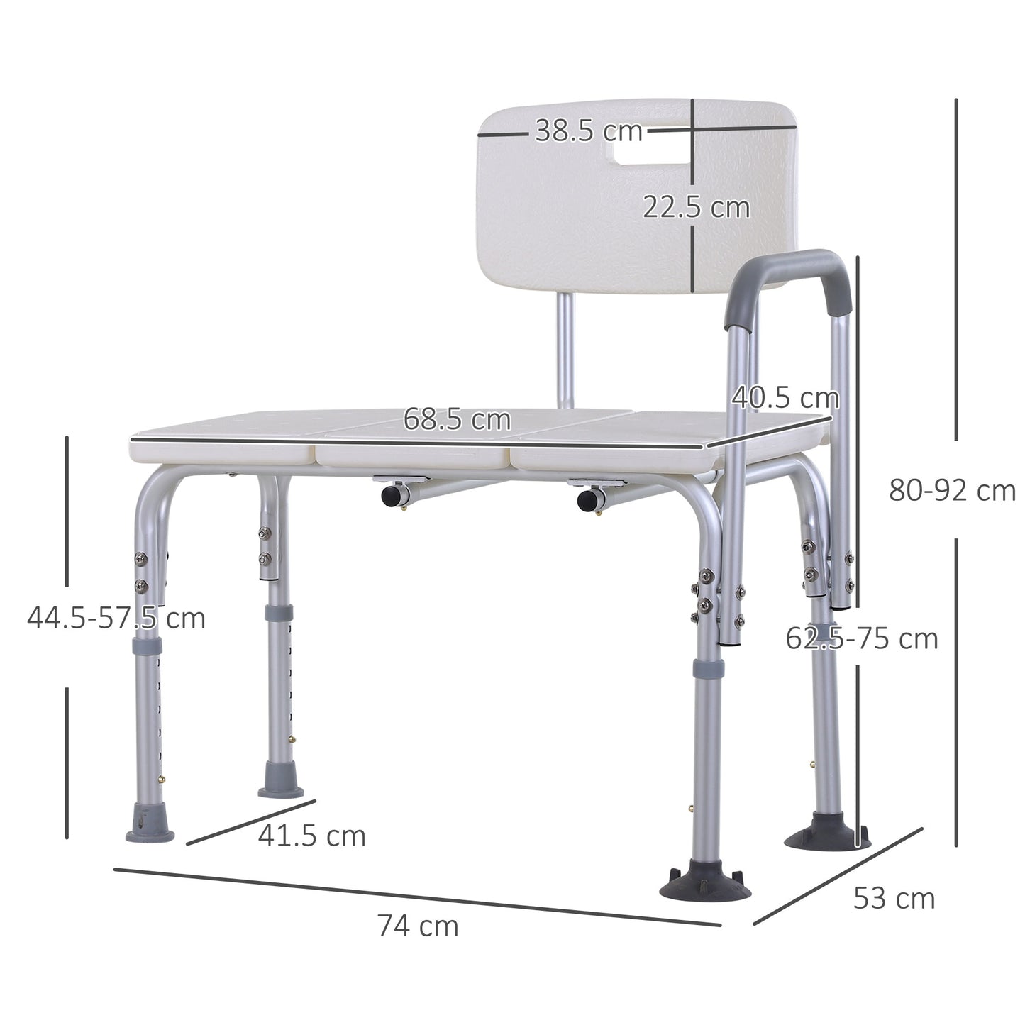 Height Adjustable Shower Chair, Non Slip Bath Transfer Bench With Armrest and Backrest, 300 lbs Capacity, White